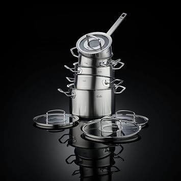 Fissler Original-Profi Collection 5-Piece Stainless Steel Cooking Pot Set with Glass Lid (3 Saucepans, 1 Stewing Pan, 1 Saucepan Lidless) - Induction