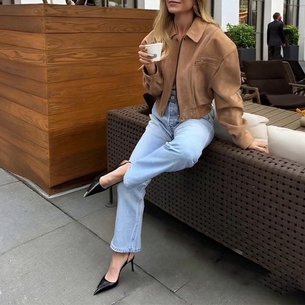 Cropped Jacket Women Faux Suede Long Sleeve Lapel Zip Up Brown Suede Jacket Women 2025