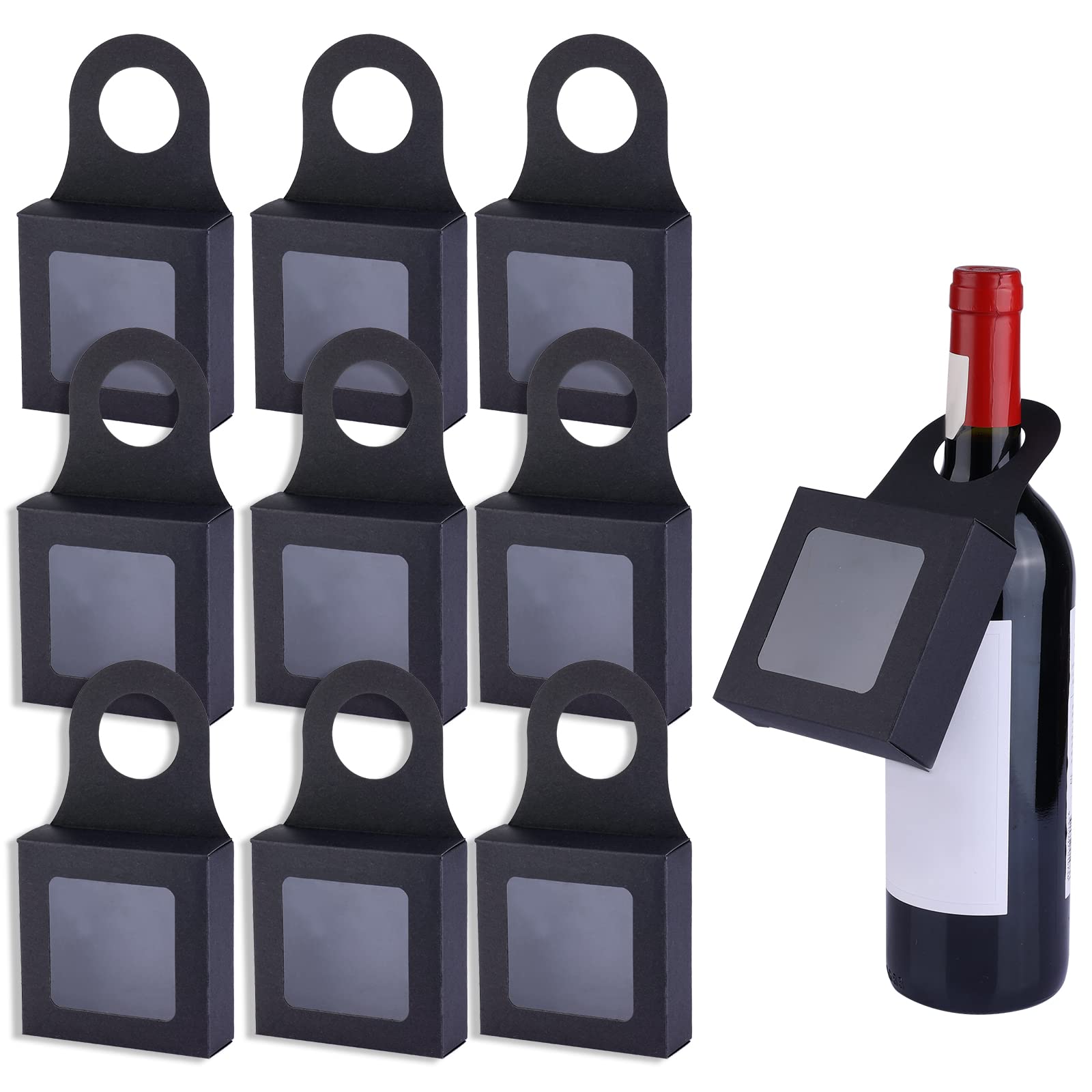 Photo 1 of 10pcs Wine Bottle Box with Visible Window for Red Wine Bottles, Brown Paper Wine Bottle Hanger Favor Hanging Foldable Gift Boxes Gift Tags for Wedding Festival Party Birthday (Black)