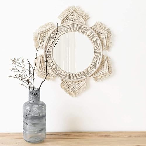 Mkono Espejo de pared colgante de macramé y fase lunar para colgar en la pared, decoración bohemia del hogar para apartamento, dormitorio, sala de