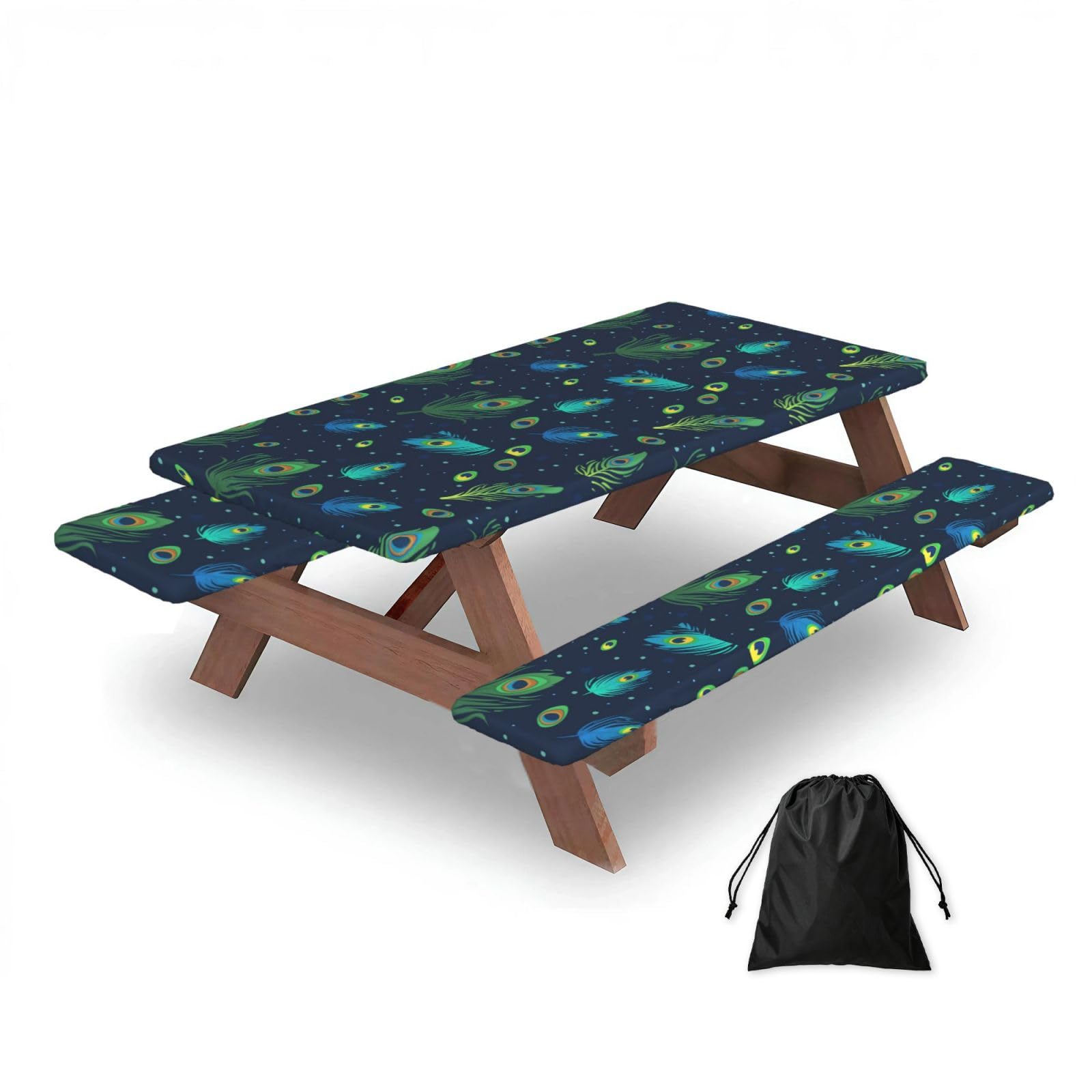 Dopklna As Picture Peacock Feather Printed, Picnic Table Cover With Bench Covers -Waterproof Elastic Fitted Tablecloth For Garden Camping Patio 76X152cm