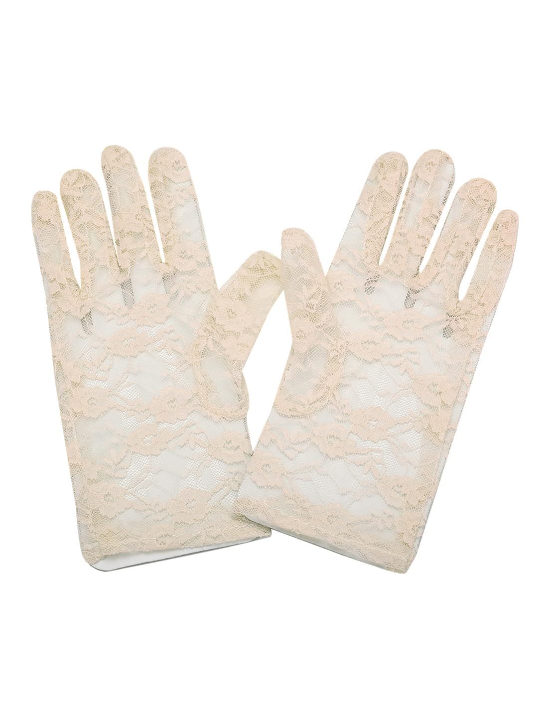 sourcing map Women Wedding Party Bridal Finger Gloves Floral Lace Full Finger Opera Party 1920s Flapper Beige Short
