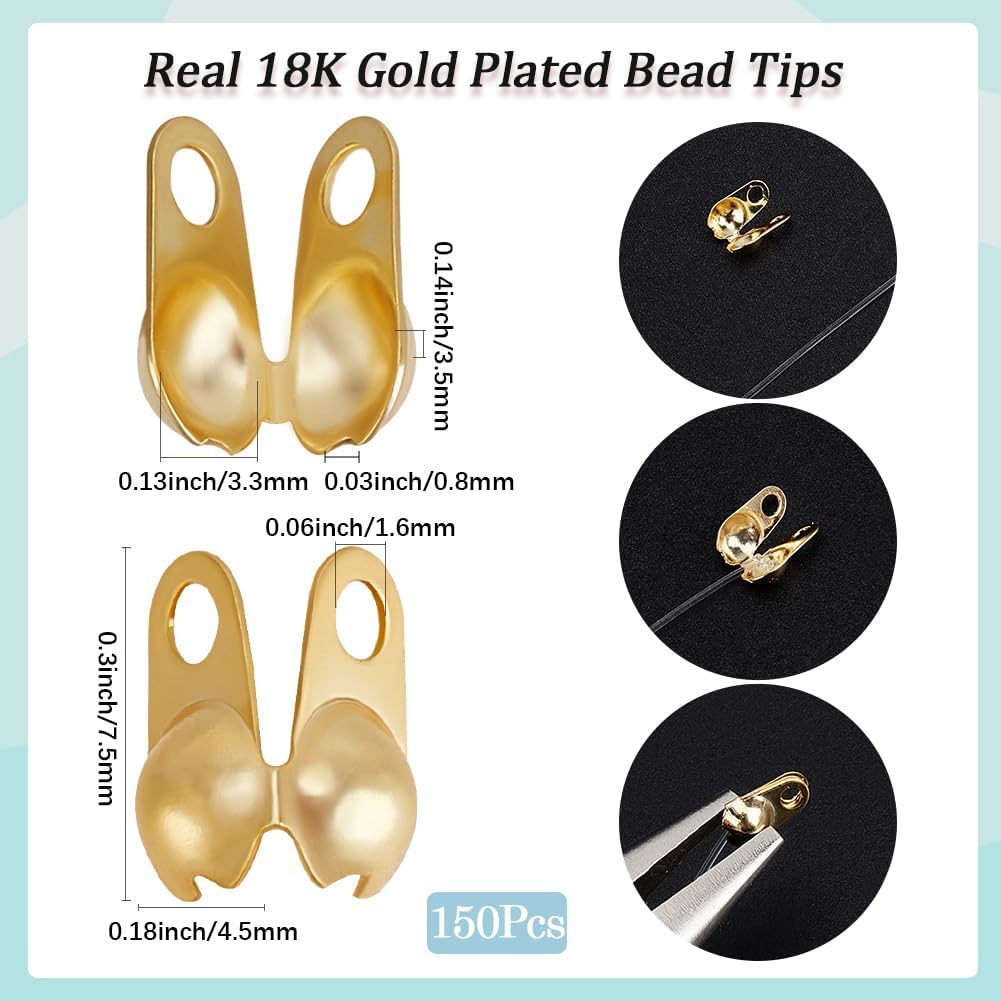 Beebeecraft 1Box 150Pcs Bead Tips 18K Gold Plated Brass Knot Covers Clamshell Crimp Tips Beads Fold Over Bead Covers Ends Caps for Bracelets Necklaces Making