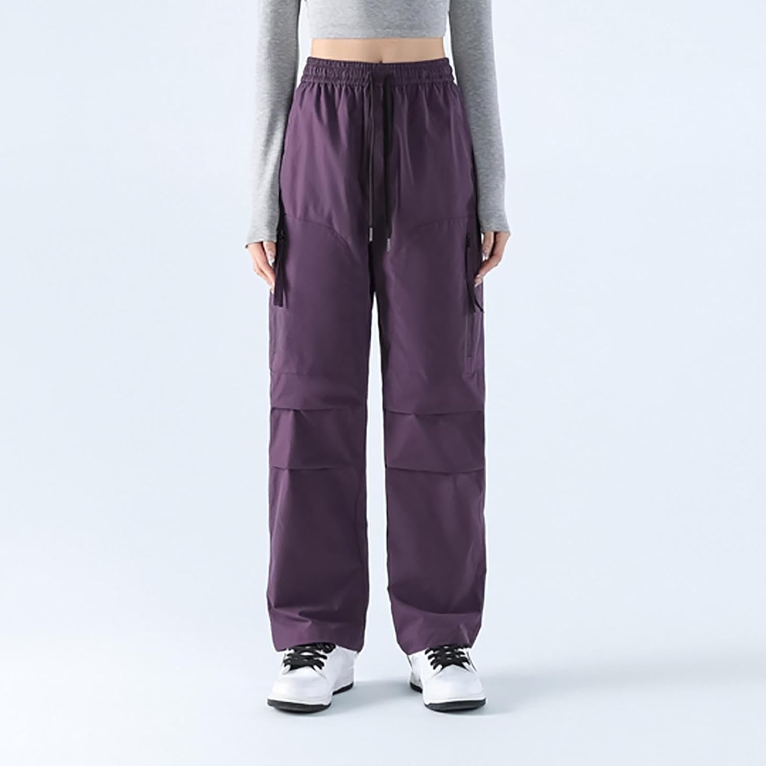 Womens Baggy Wide Leg Pants Drawstring Elastic High Waisted Casual Loose Fit Hiking Trousers with Zipper Pockets