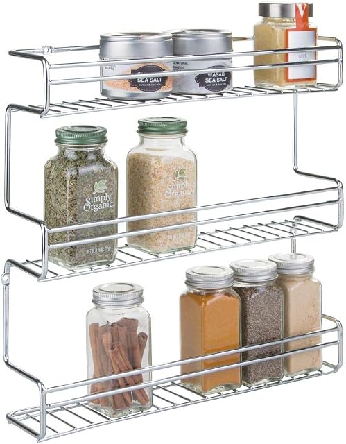 mDesign Wall Mounted Spice Rack - 3 Shelf Spice Holder Made from Steel - Practical Kitchen Storage for Herb and Spice Jars - Chrome