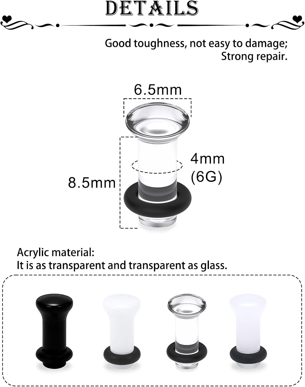 Ears Gauges Tunnels Plugs for Women Acrylic Solid Plugs with O-Rings Ear Gauge Stretching Kit 8G to 1/2 Inch Expander Stretcher Plug Earrings Piercing Jewelry for Women Men