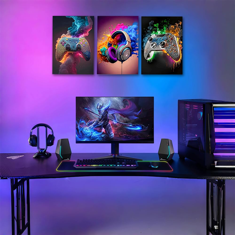 Rongxze 3 immagini da parete incorniciate, 40 x 30 cm, con strass scintillanti, gamepad, auricolari, decorazione da parete, tela HD per camera dei ragazzi, stanza dei giochi, Man Cave