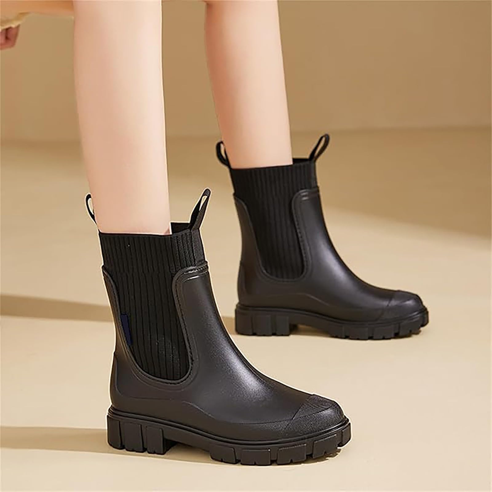 Generisch Botines de media altura para mujer, color negro, ligeros, para camping, pesca, color liso, media bota, viajes, botas de goma
