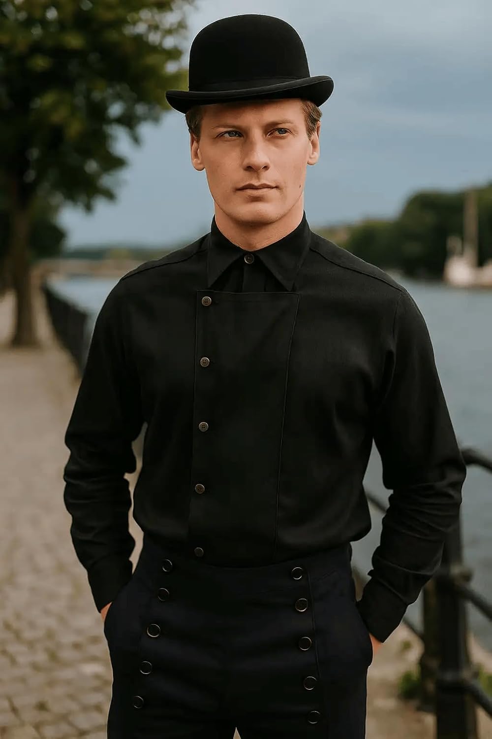 ThePirateDressing Steampunk Victorian Cosplay Costume Mens Ulysses Side-Button Linen Shirt - Image 2