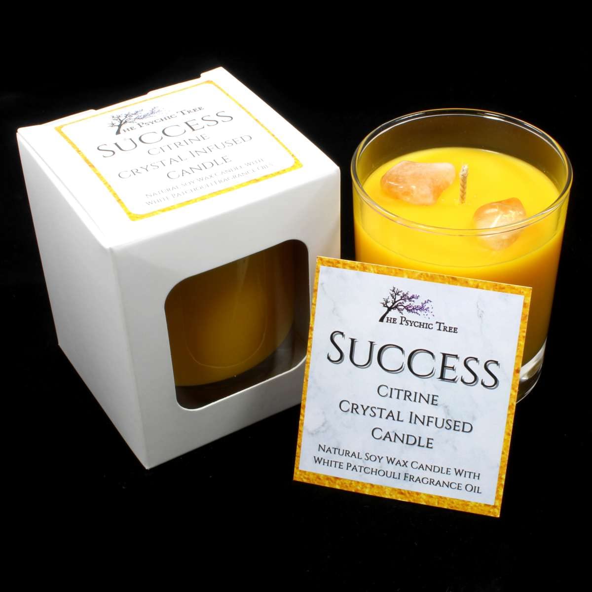 The Psychic Tree See Image Success - Crystal Infused Scented Candle With Citrine Healing Crystals, Scented With The Delightful Fragrance Of White Patchouli Fragrance Oil.