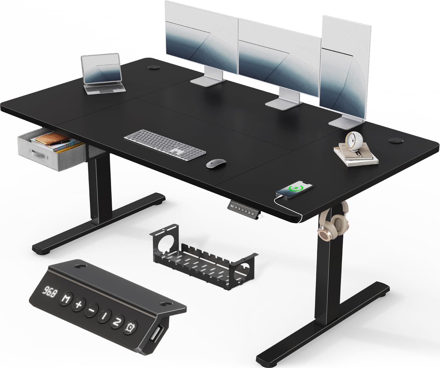 Devoko Höhenverstellbarer Schreibtisch Elektrischer, Schreibtisch mit Schubladen, USB-A Ladeanschluss, Computertisch mit Kabel Management Tray, Standing Desk mit 3 Memory Funktion