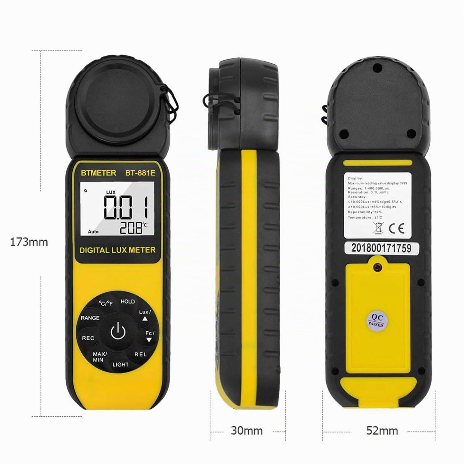Digital Luxmeter Lichtmessgerät, BTMETER BT-881E Belichtungsmesser 0,01~300,000 Lux/FC Light Meter mit Backlit LCD, Lichtmesser für Fotografie, Pflanzen
