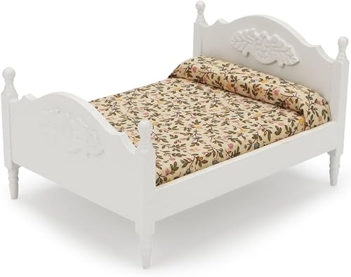 Muebles en miniatura, casa de muñecas, cama de tela de madera con colchón y almohada 1 a 12 escala, muebles de decoración de casa de muñecas (blanco)