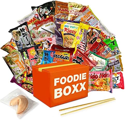 FOODIE BOXX Asian Instant Ramen Noodles Variety Pack with Cookies & Chopsticks | Nongshim, Samyang, Wai Wai, Mama, Hao, Acecook | Student Care Package | 15 Pack Assorted