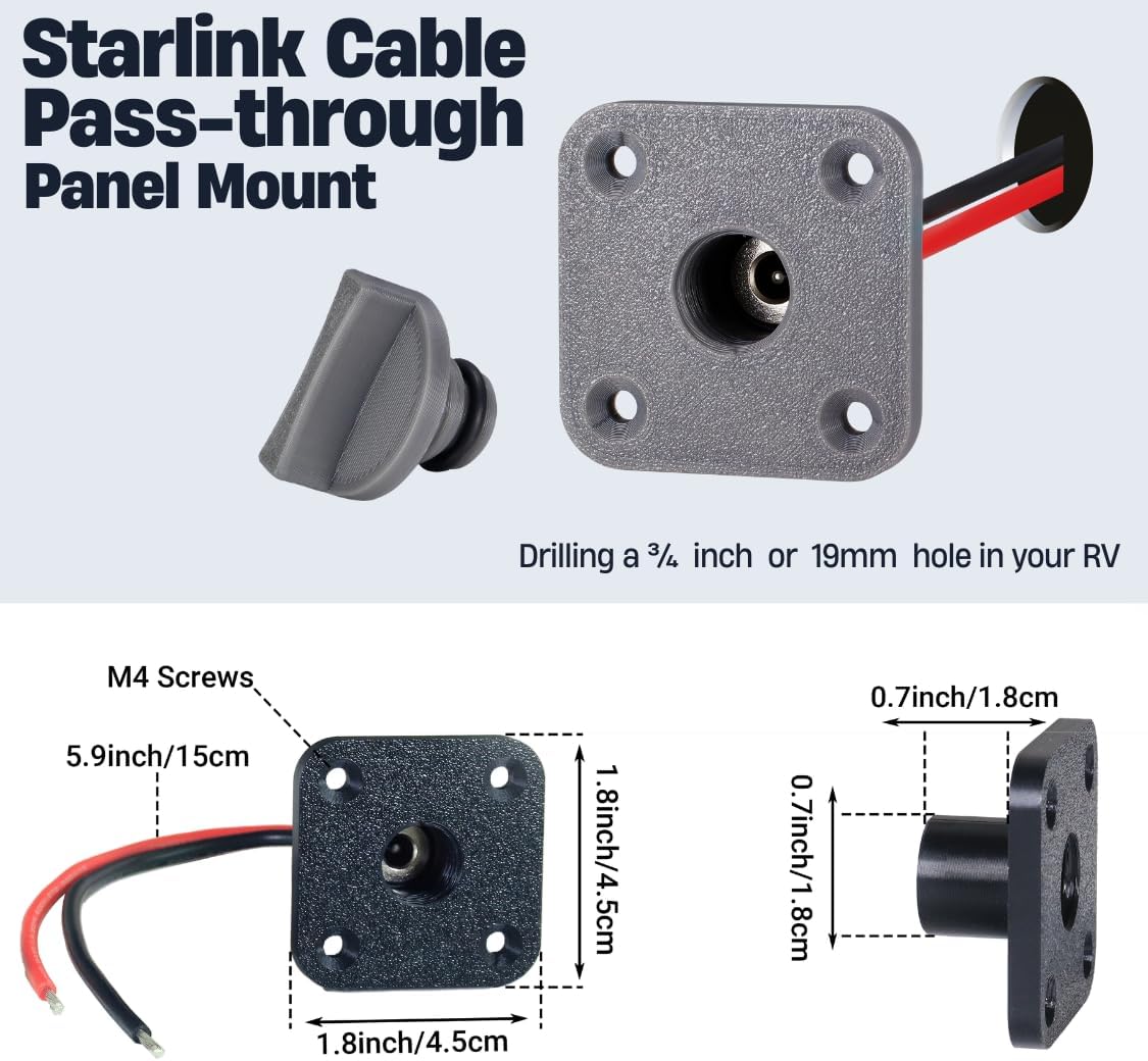 RV DC Cable Panel Mount Compatible with Starlink mini, 5.5 x 2.1mm 2-Pole DC Female Socket，Waterproof Passthrough(Square 1pcs, Grey)