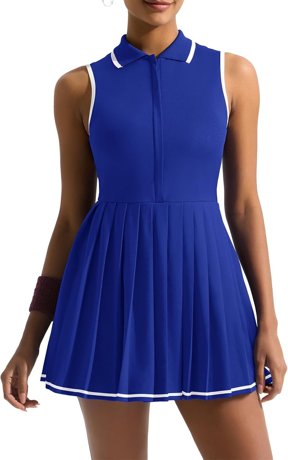 Sexyasasii Athletic Golf Dresses for Women Polo Sleeveless Contrast Half Zip Pleated Tennis Sports Dress with Shorts and Pockets Blue