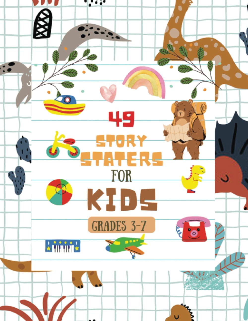 Story Starters For Boys: Creative Writing Prompts | 8.5 x 11 in | 49 Story Pages | Creativity Gift for Kids | hand drawn dino, palm trees and cactuses cover