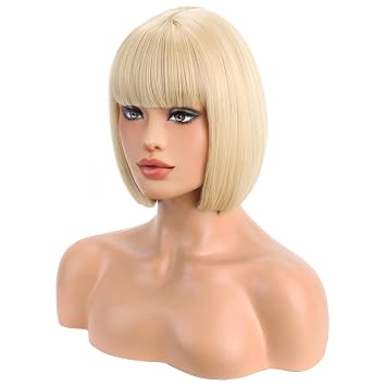 BERON Blonde Bob Wigs for Women with Bangs Straight Bob Short Hair Wig Girls 12 Inch 30 cm Synthetic Party Halloween Wigs