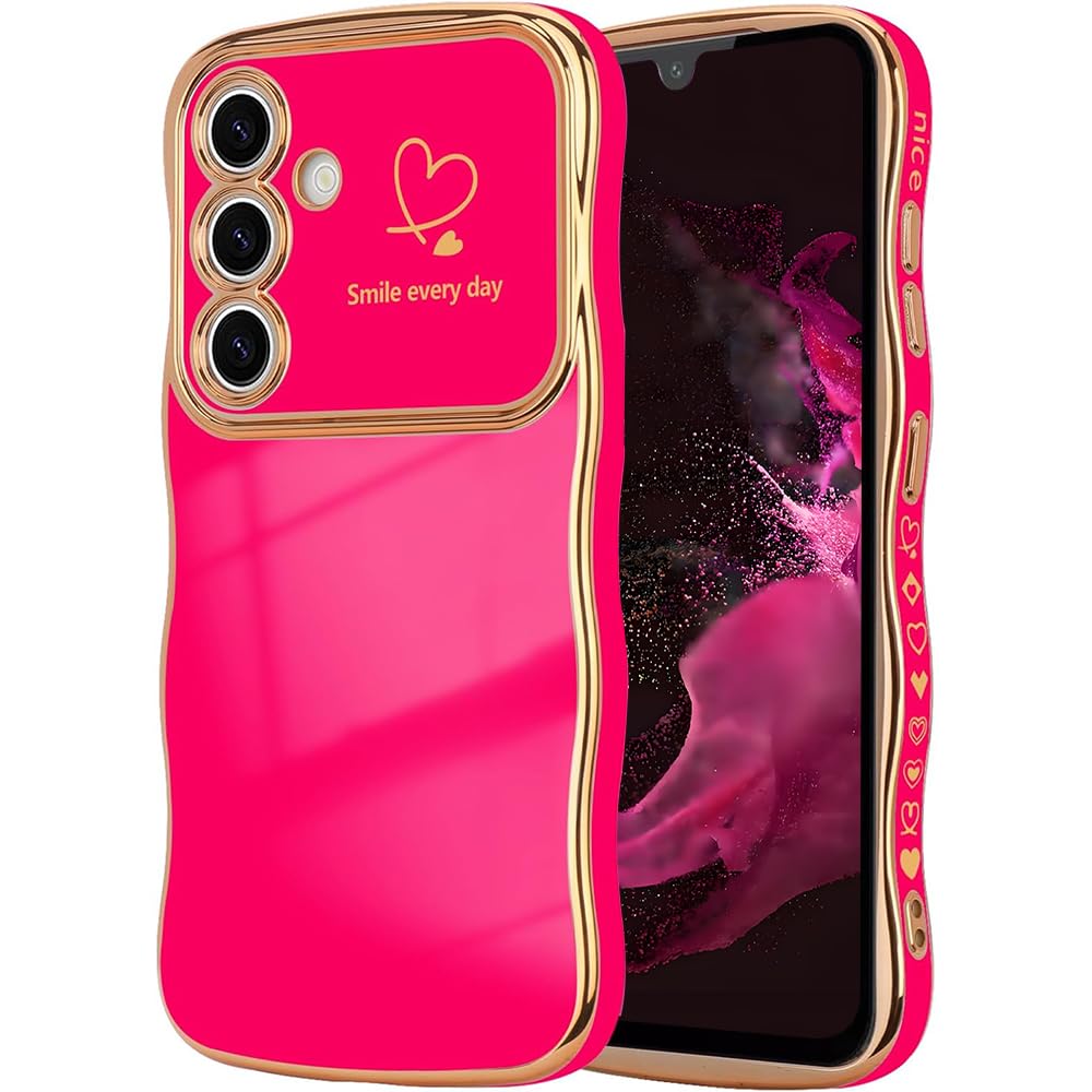 CaseLover Handyhülle für Samsung Galaxy A15 4G/5G Hülle, Liebesherz Handyhülle Wellen Lockige Form Galvanisierte Silikon TPU Bumper Case Kameraschutz Stoßfeste Schutzhülle für Samsung A15, Rosarot