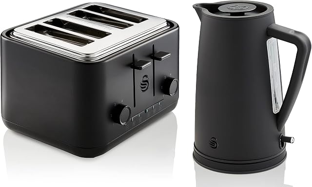 Swan Stealth 1.7L Kettle and 4-Slice Toaster Set, High Performance, Cutting-Edge Design, Large Capacity, STP1410BLKN