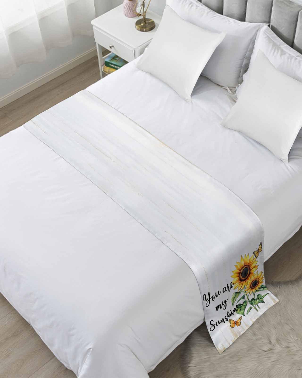 Twin Bed Runner Summer Floral Golden Sunflower Bedding Runner Scarves Decorative Bed Scarf, Summer Watercolor Butterfly Soft Bedding Scarf for Bedroom Hotel Wedding 102x20in