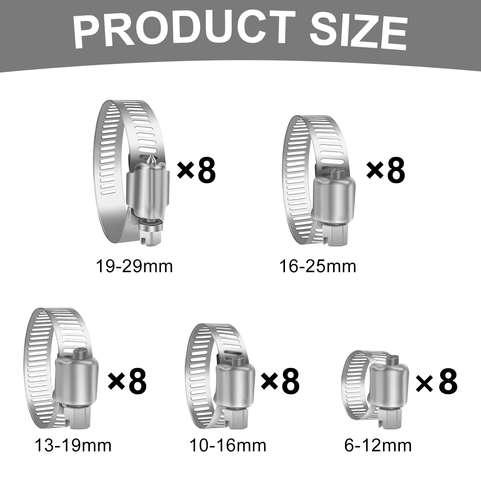 Fascette stringitubo in acciaio inox, 60 fascette stringitubo in acciaio inox, 7 diverse misure