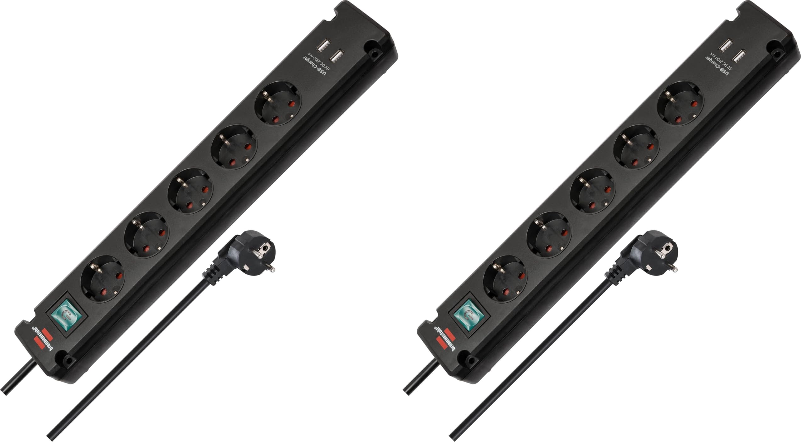 Brennenstuhl Bremounta regleta de enchufes con 5 Tomas Corriente y Carga USB para instalación y fijación (regleta eléctrica con Interruptor, Posibilidad de Montaje y Cable de 3m) Negro (Paquete de 2)