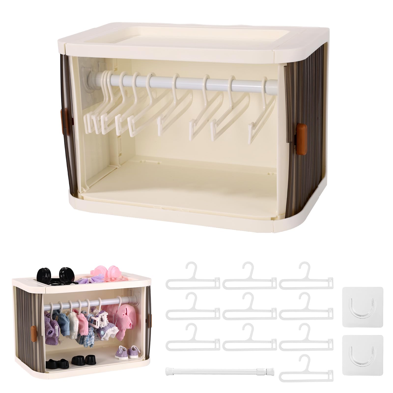 Foldable Doll Wardrobe Storage Box, Double Door House Furniture Stuff Doll Clothes Organizer Stackable Dollhouse Closet Cabinet with 10 Hangers & Rod Set for 15/17cm Dolls Outfits Accessories