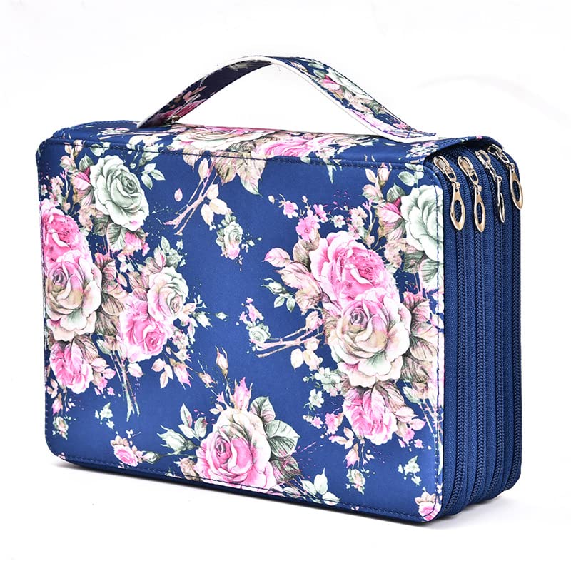 Becho Multifunction Zipper Soft Leather Pencil Case with Multi-Layer Zipper Separation High Capacity Holder Pouch Pen Bag Colored Flower Pencil Pen Box 200 Slots (Blue)