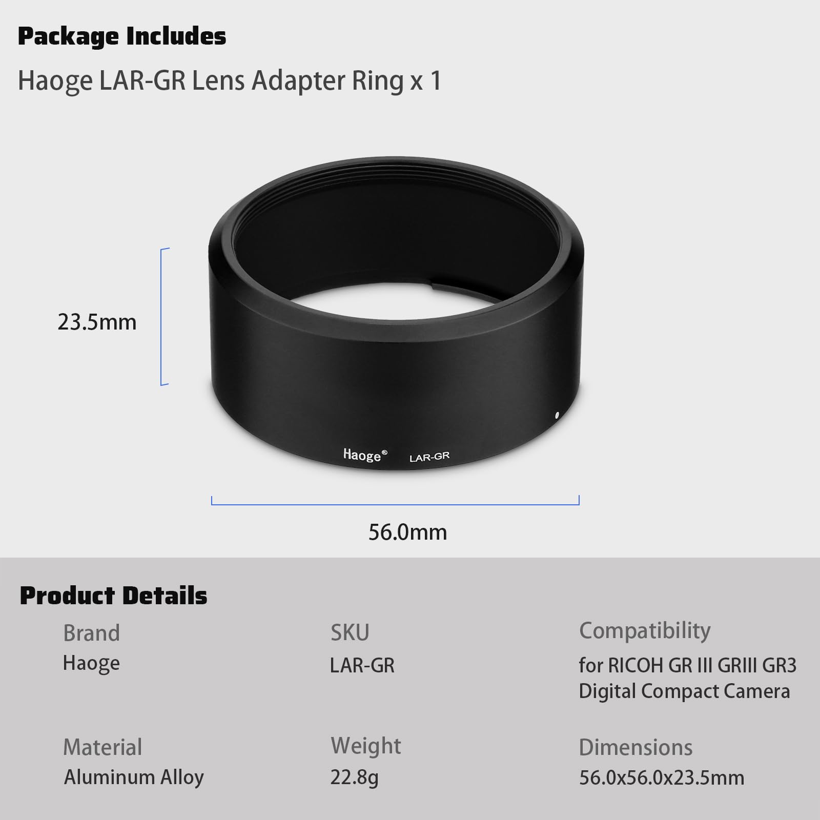 Haoge LAR-GR Objektiv, 49 mm, Filteradapterring für RICOH GR III GRIII GR3 Digitalkompaktkamera für 49 mm UV & GW-4 Weitwinkelobjektiv, ersetzt GA-1