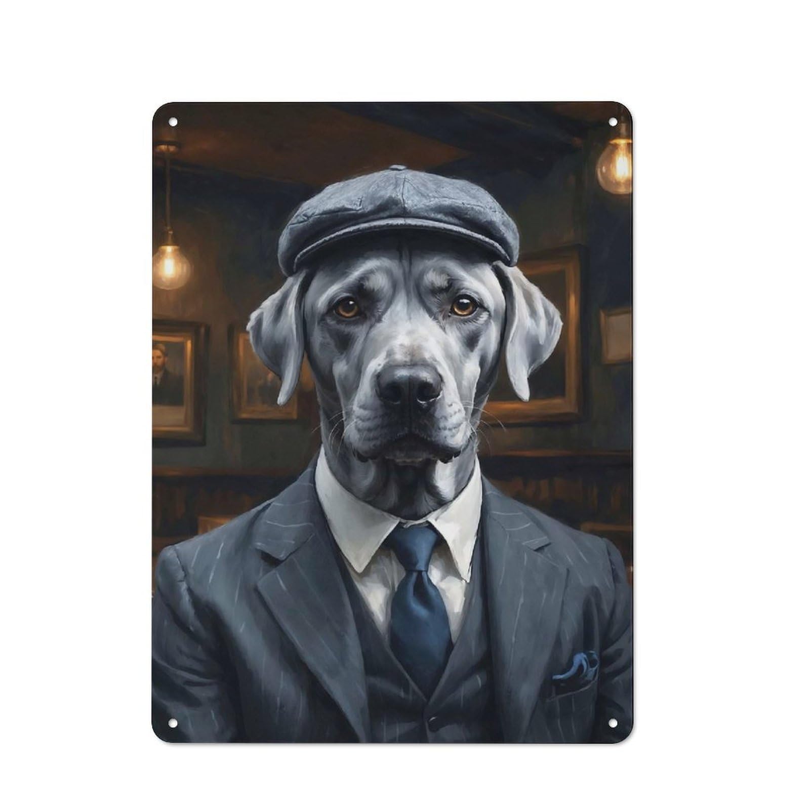 Silver Labrador Dog Wearing A Suit in The Pub Friendly Metal Wall Decor 40x30cm, Decorative Metal Plaque for Coffee Bar, Small Shop Or Dining Room