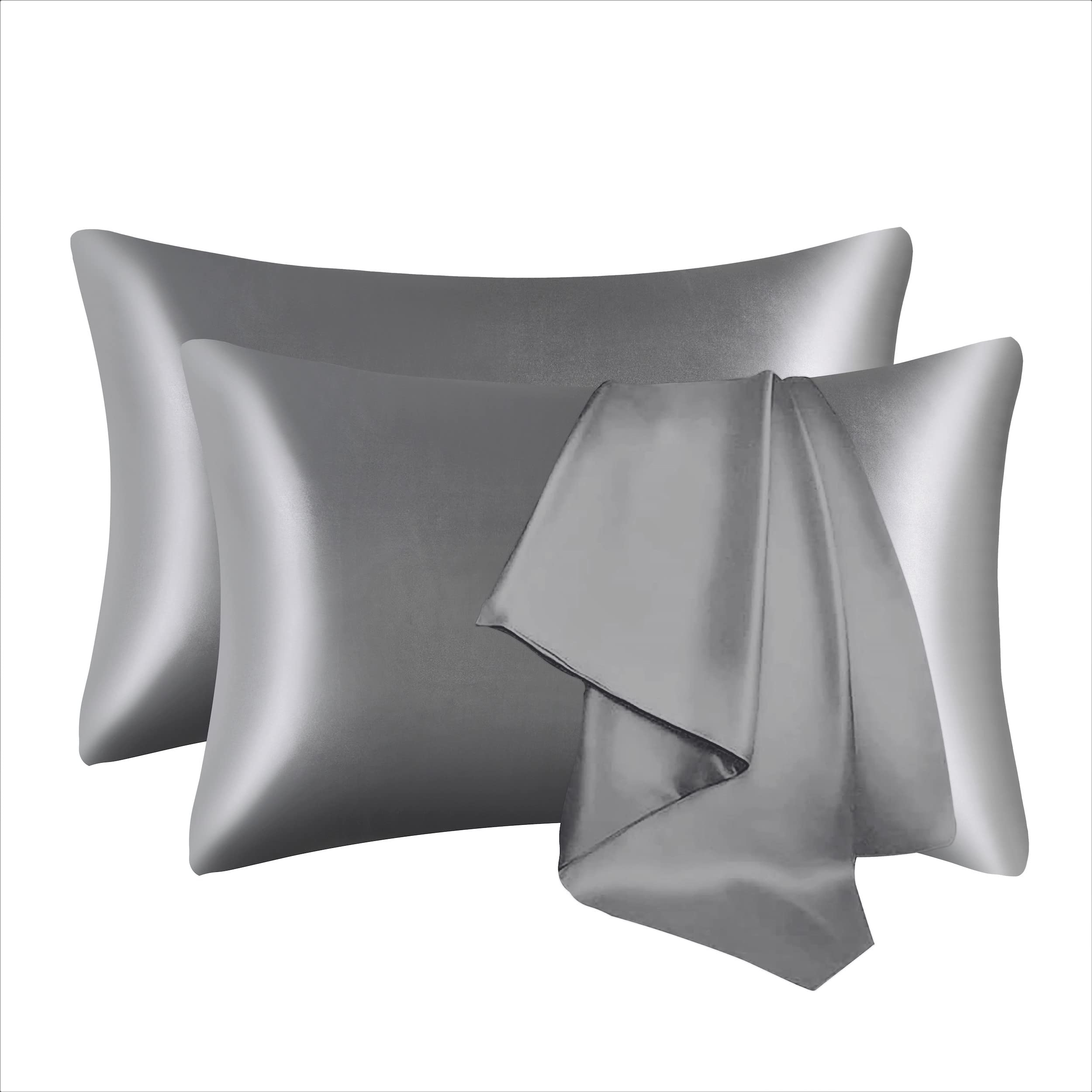 GVTECH Satin Pillow Cases 2 Pack, Pillowcase for Hair and Skin Luxury Soft Breathable Standard Size with Envelope Closure, 50 x 75 cm (Dark Grey)
