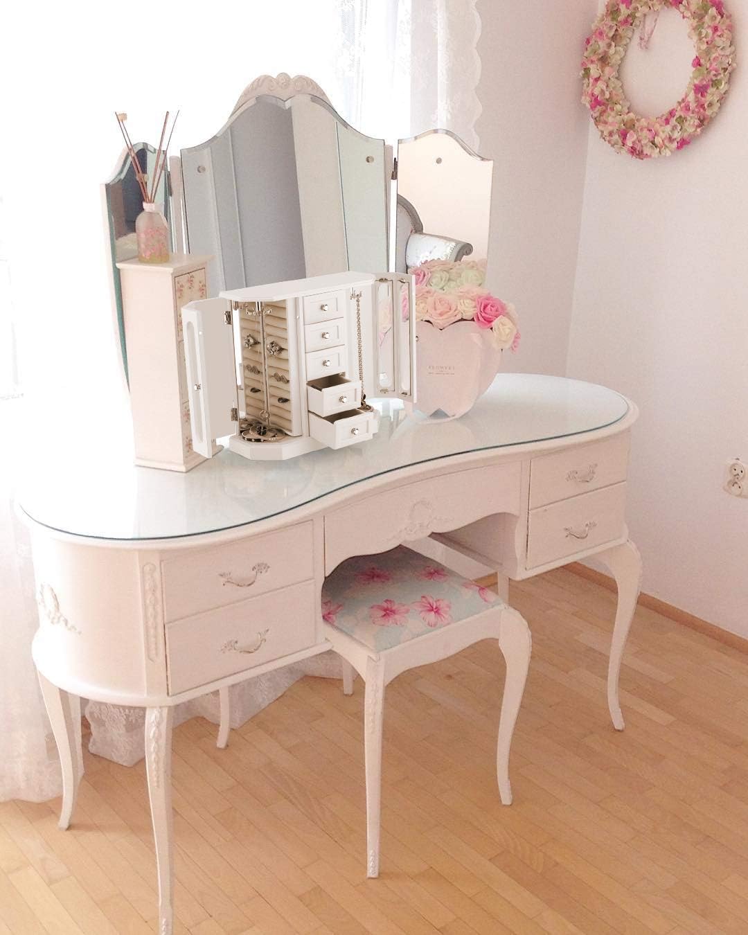 RR ROUND RICH DESIGN Jewelry Box - Made of Solid Wood with Cabinet Type 5 Drawers Organizer and 2 Separated Open Doors on 2 Sides and Large Mirror White