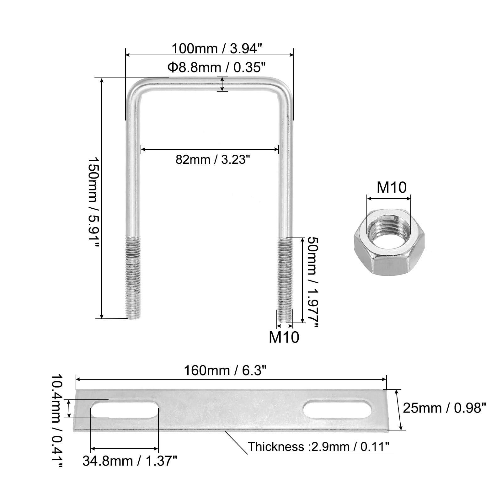 PATIKIL M10x80x150mm Square U-Bolts Kit - Image 2