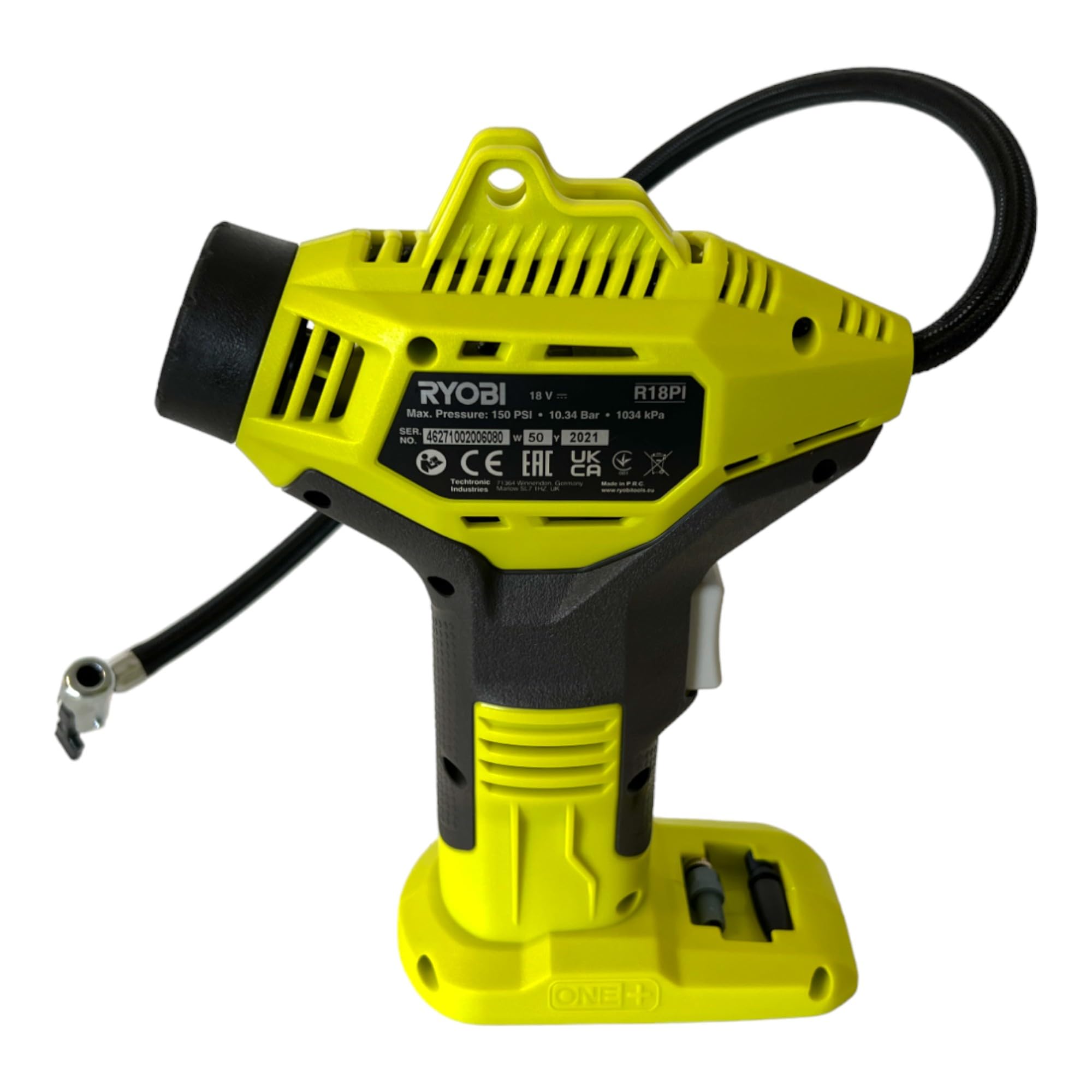 Ryobi Compresseur de Loisirs 18V Gonfleur Livré avec 1 Batterie Lithium+ 18V 2,0 Ah, 1 Chargeur Rapide 2,0 A et 3 Embouts de Gonflage pour Pneus de Voiture, Vélo, Ballons et Autres R18PI-120GJ