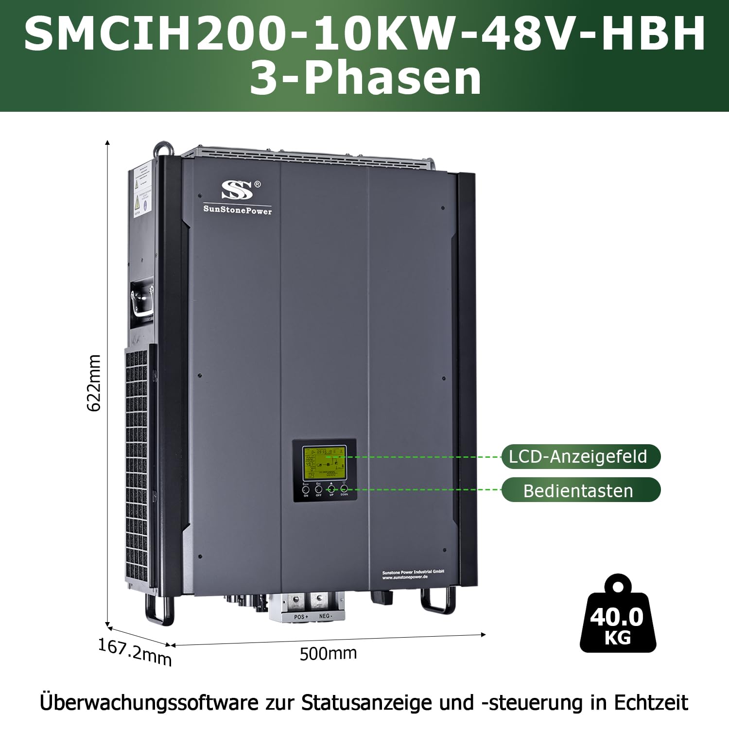 Sunstone 3-Phasen Hybrid Wechselrichter 10KW 48V für Inselbetrieb und Netzeinspeisung, mit Modbus Dual Box, VDE4105 Zertifizierung