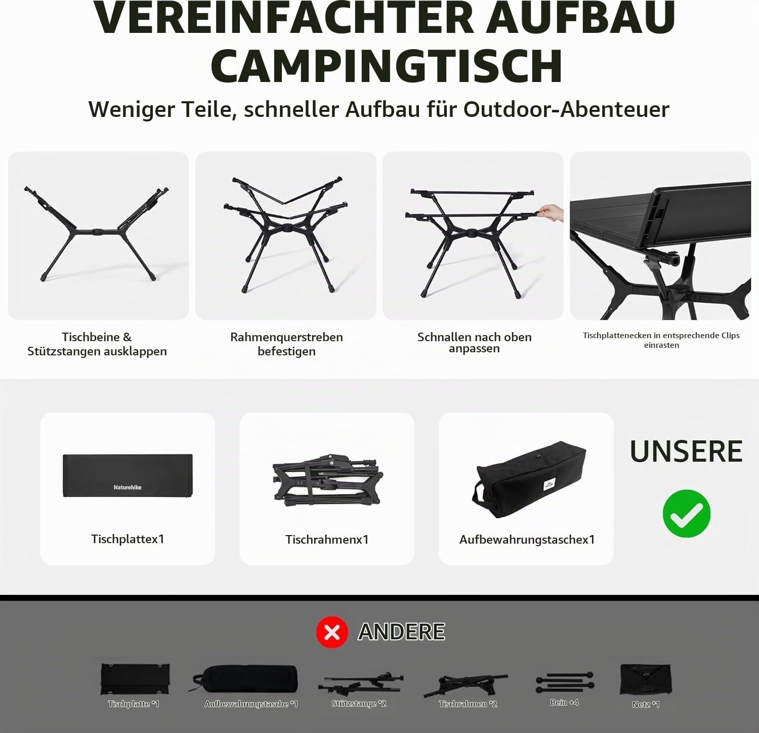 Naturehike Campingtisch Klapptisch aus Aluminium rollbar Camping Tisch klappbar Falttisch leicht für Picknick Party Garten Wandern Reisen Falttisch mit Tragetasche für