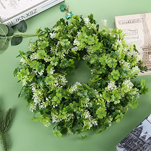 17.8" St Patricks Day Shamrock Wreath For Front Door, Saint Patricks Day Artificial Wreath Decoration, Irish Clover Spring Summer Greenery Wreath For Wall Window Indoor Outdoor Porch Home Gift Decor #TOP4