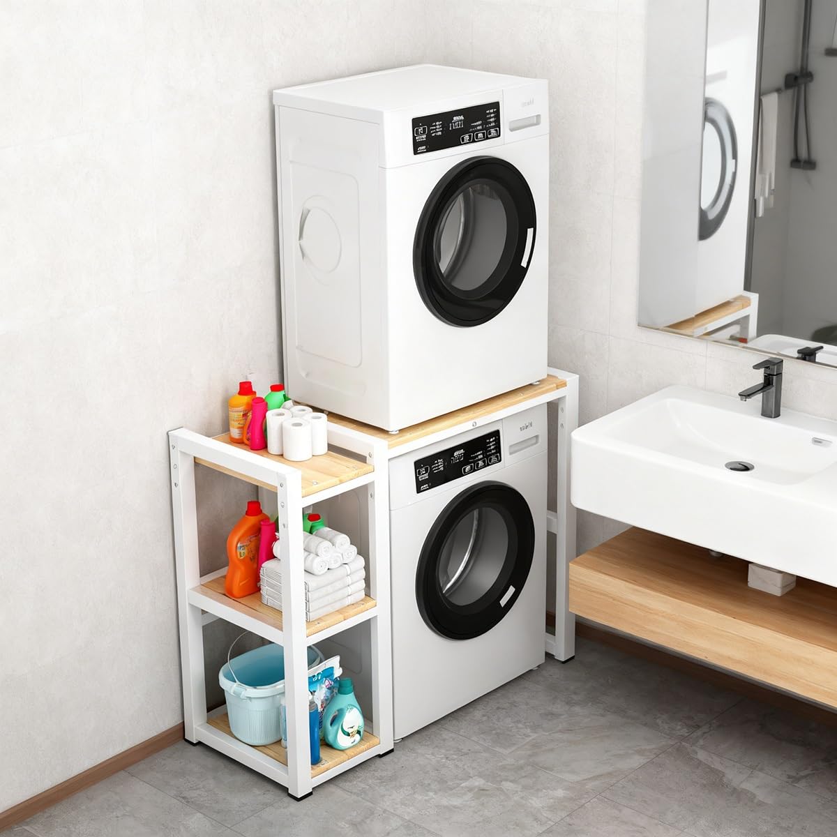Scaffale Lavatrice Asciugatrice Con Telaio Laterale, Lavatrice Scaffale Tamburo Lavastoviglie Ripiano Di Stoccaggio, 3 Regolabili In Altezza Per Bagno, Lavanderia(Black)