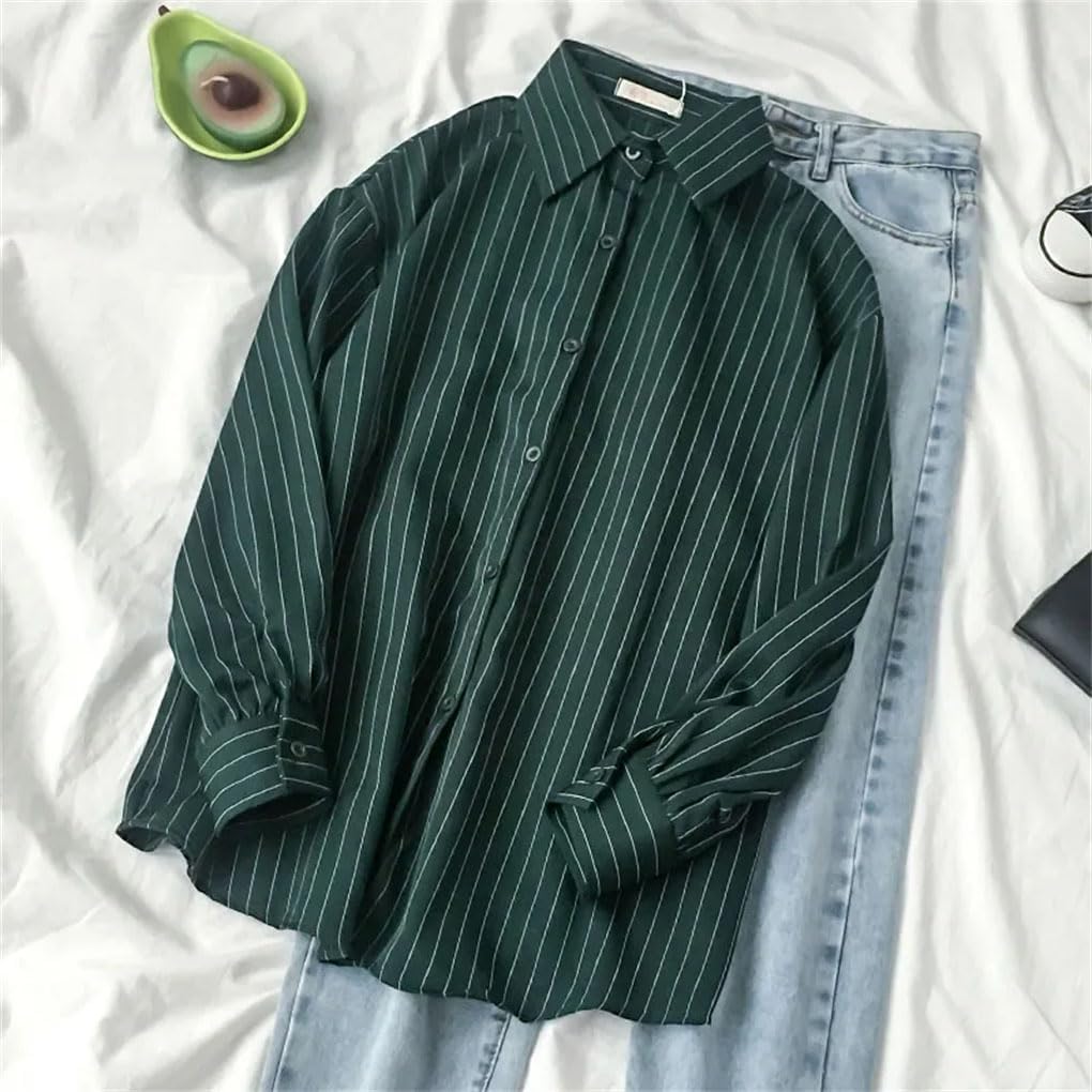 Women's Retro Stripe Long Sleeve Blouse Style Streetwear Vintage Button Up Shirt Ladies Female Tops
