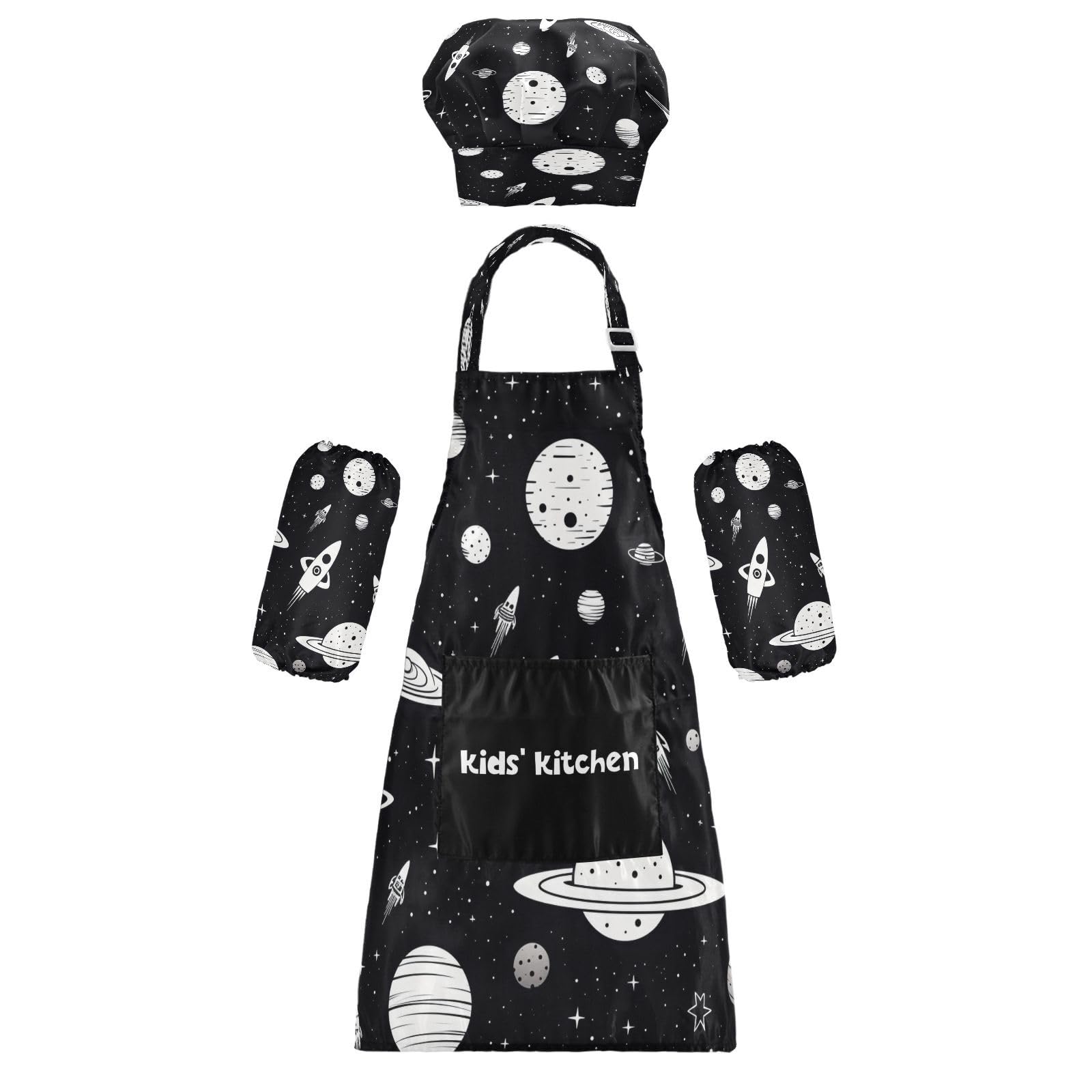 Bulletgxll Space Themed Kids Apron and Chef Hat Set Adjustable Bib Aprons with Pockets for Cooking Baking Painting