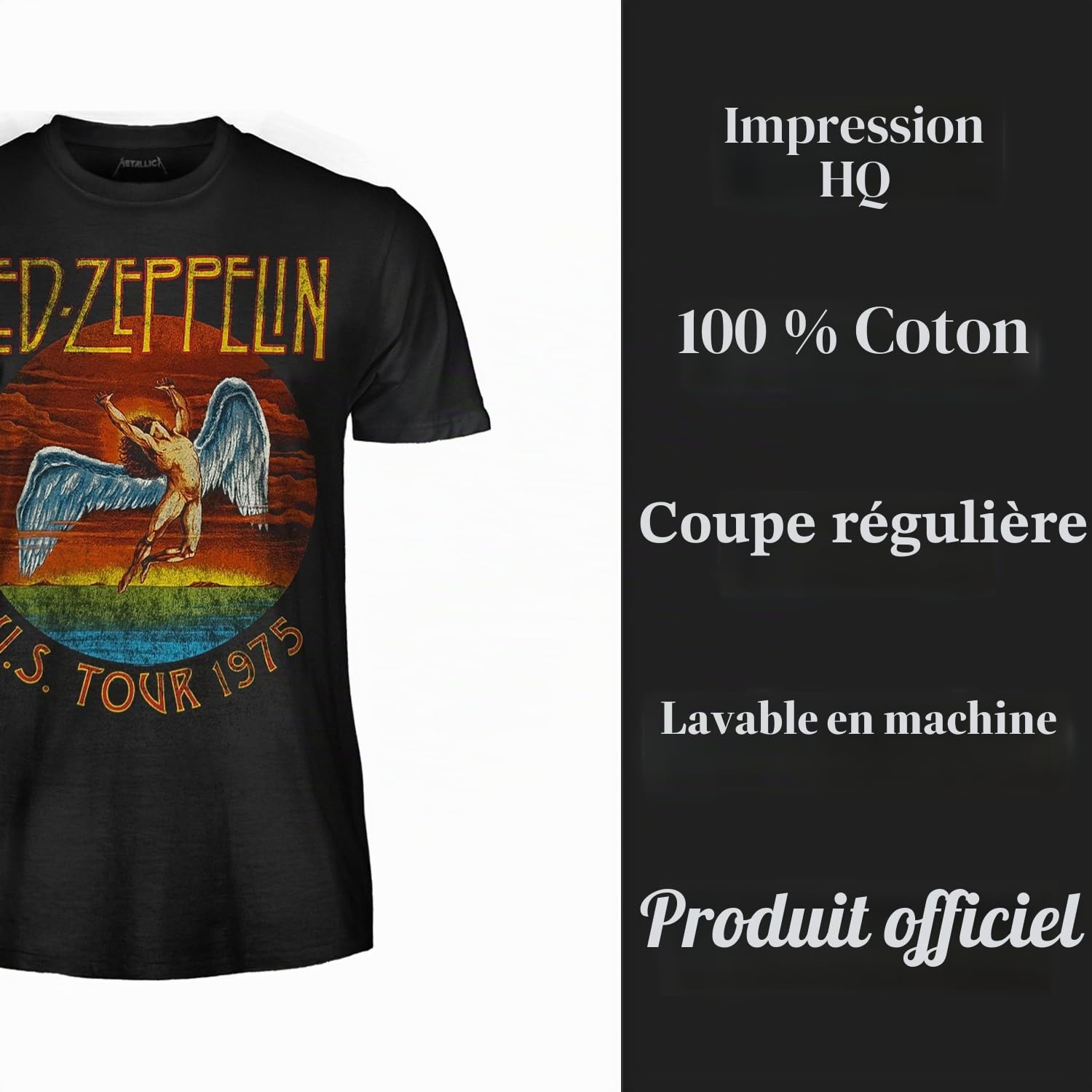 Led Zeppelin T-shirt U.S. Tour 1975 T-shirt officiel Band Rock. T-shirt unisexe adulte garçon.