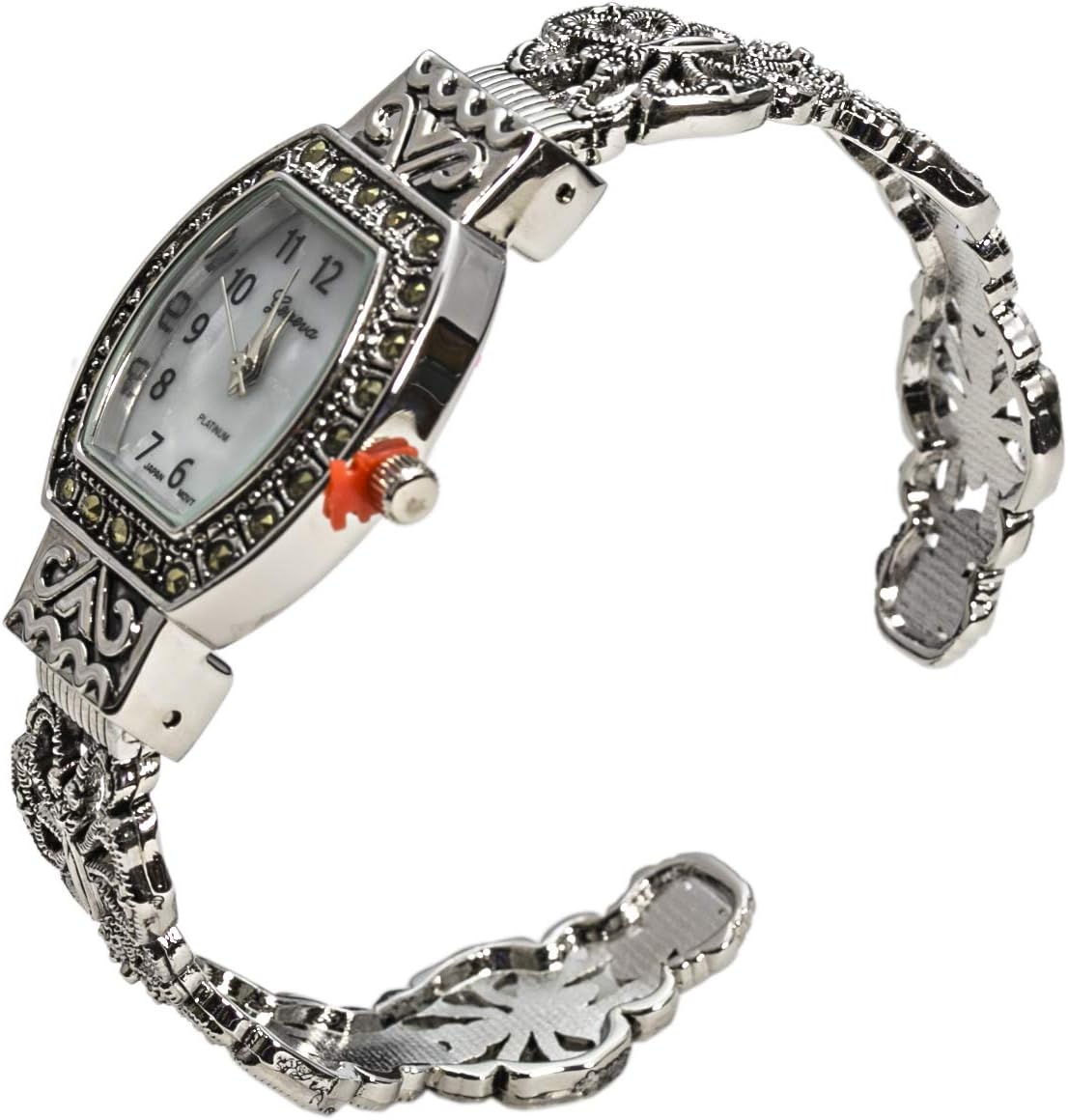 Blekon Collections Japanese Quartz Antique Designed Silver 24mm Marcasite Bangle Watch Silver-Square image 3 of 9 B087PPPNNC