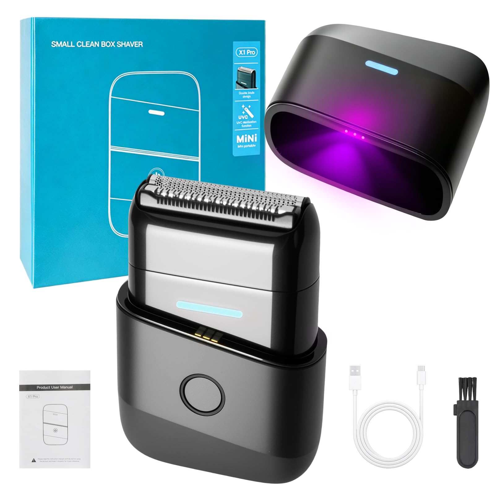Rasoio elettrico da uomo, portatile, con doppia lama galleggiante e lampada UV, rifinitore ricaricabile USB-C per uomini