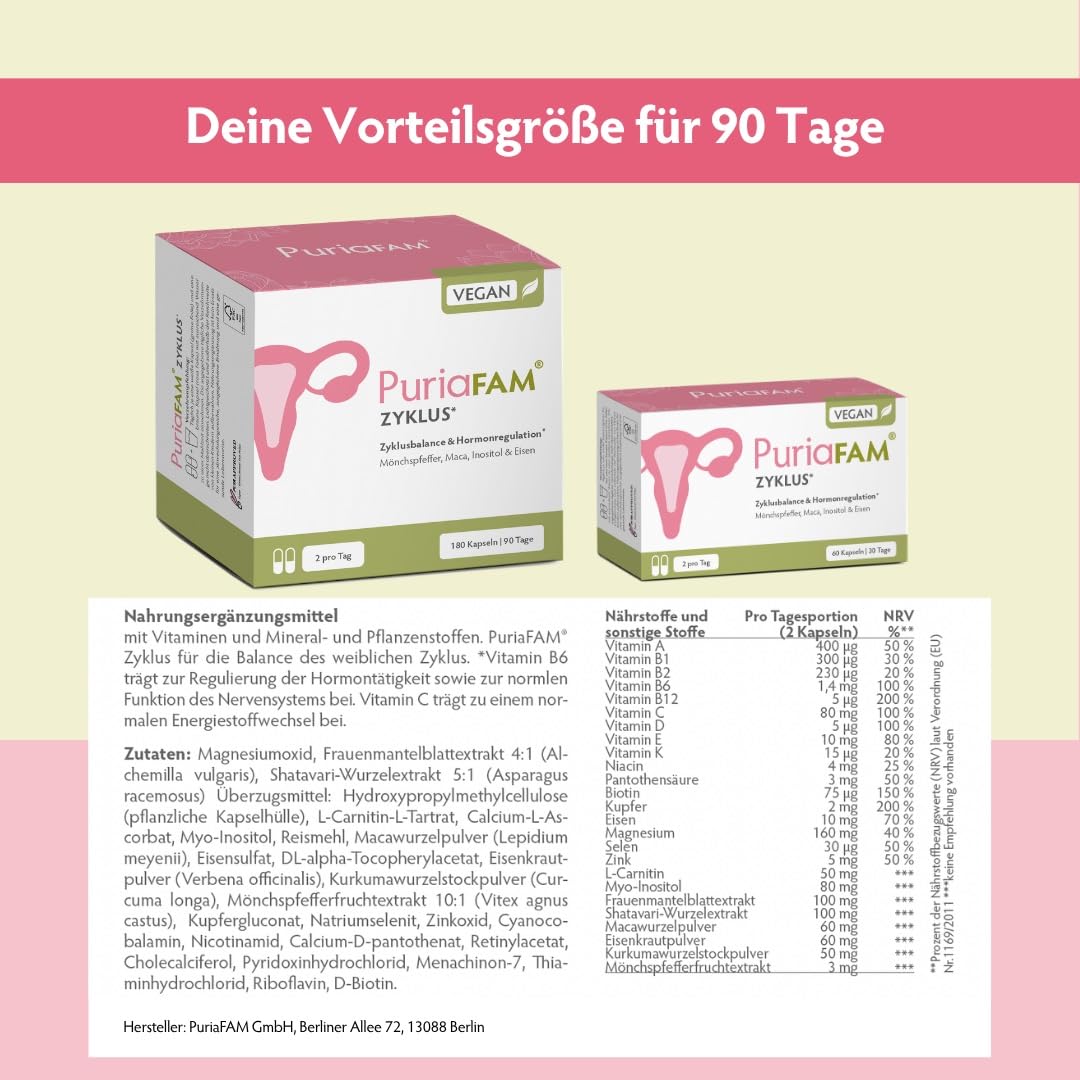 PuriaFAM® Zyklus - 180 Zyklus Tabletten - Maca, Mönchspfeffer, Shatavari, Inositol, Frauenmantel, Eisen - Vegane Hormon Balance