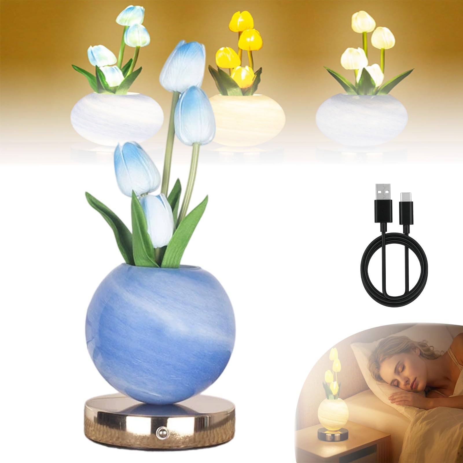 Luce Notturna Decorativa A Tulipano A Led, Luce Romantica Radiante | Base Touch Control, Design Floreale Realistico, Luce Calda E Morbida for Un Sonno Tranquillo(G)