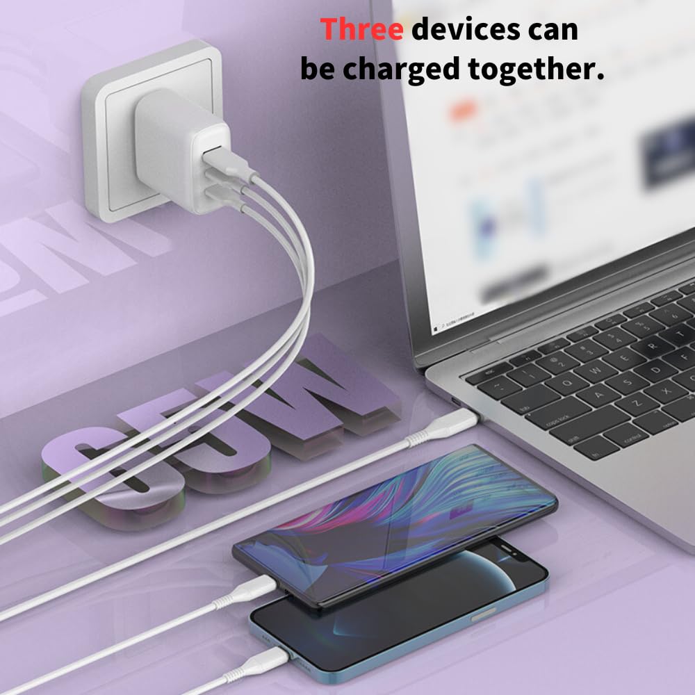 Caricatore rapido 65 W USB C – 3 porte caricabatterie con 2 x USB-C e 1 x USB-A, spina europea bianca, caricabatterie compatto per iPhone 17/16e/15/14/13/12/11, Samsung Galaxy, iPad – per casa e in