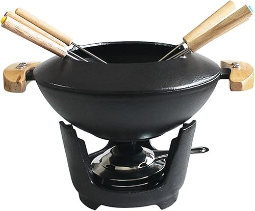 WOGQX Juego de fondue de hierro fundido, con quemador ajustable y 6 tenedores, para quesochocolatecarne, 10 piezas, negro