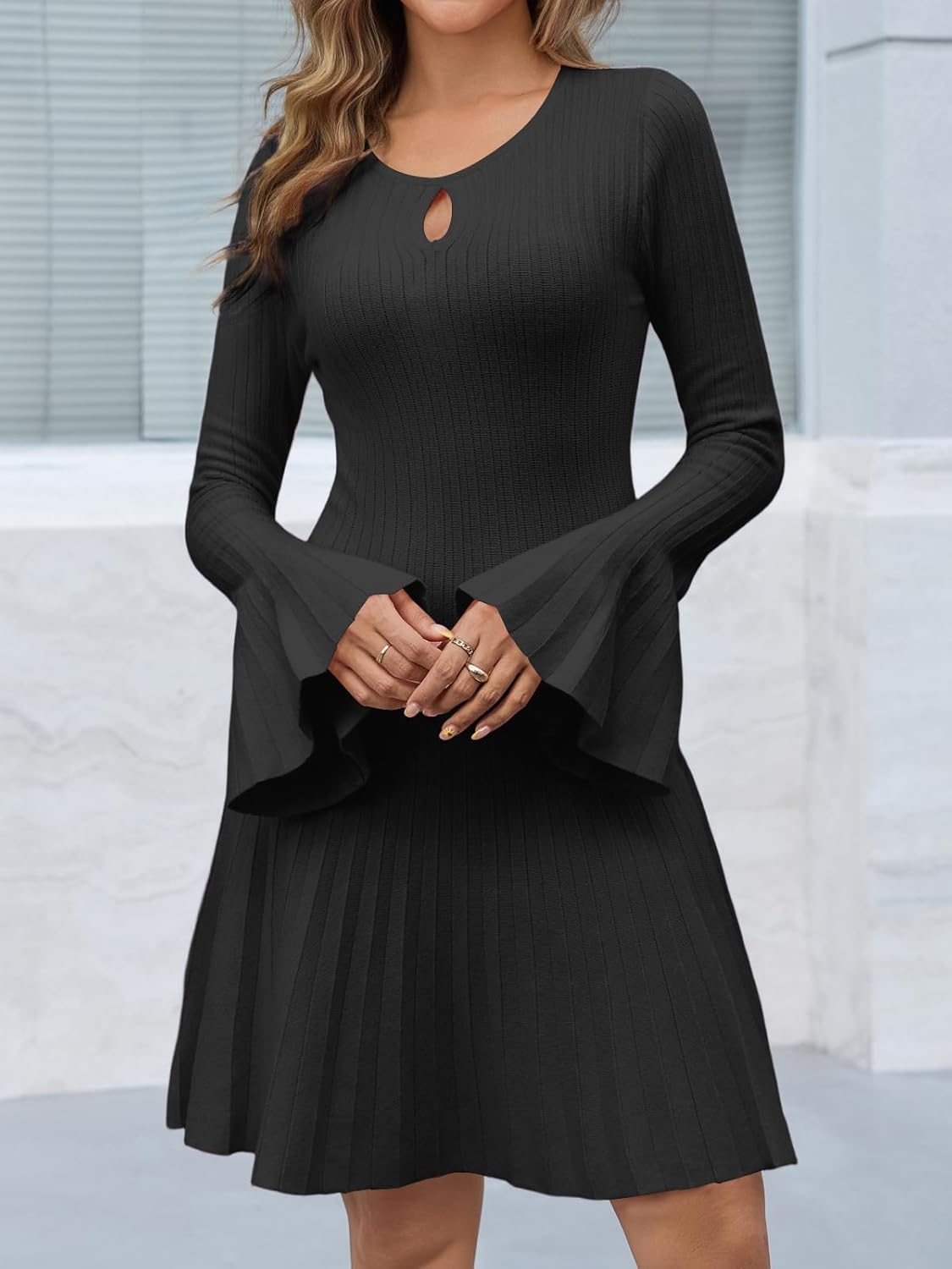 Saodimallsu Womens Long Bell Sleeve Mini Knit Dress Flowy A Line Pleated Bodycon Crew Neck Elegant Short Sweater Dresses - Image 3