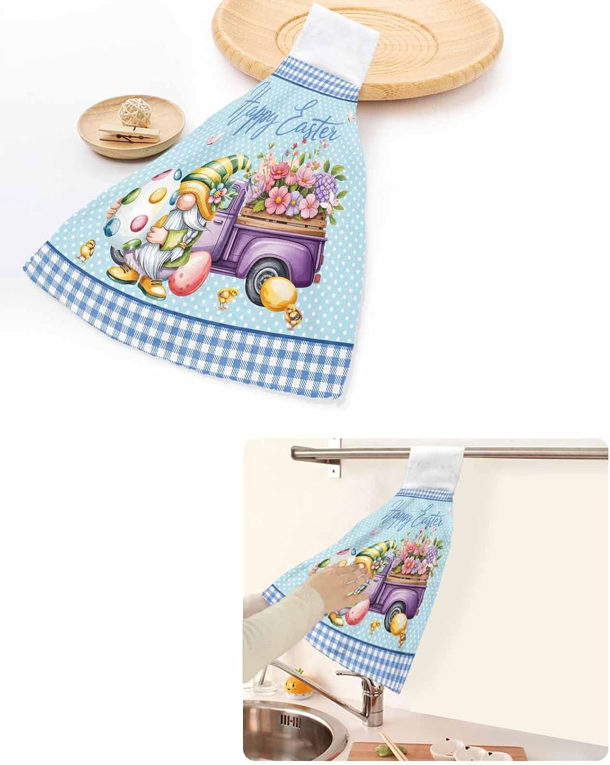 Easter Kitchen Hand Towels with Hanging Loops Set of 2 Gnomes Colorful Dots Eggs Truck Flowers Blue Plaid Soft Thick Oven Fingertip Dry Microfiber Tie Dish Towel Absorbent Cleaning Washcloth
